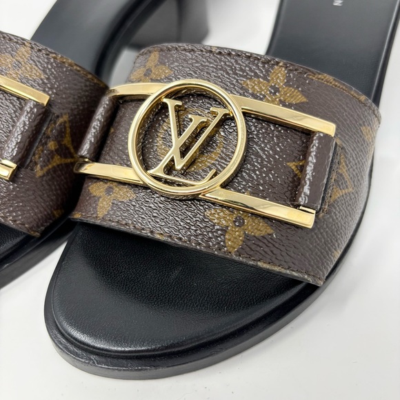 Louis Vuitton Lock It Mule Heeled Sandals Brown Monogram Canvas LV Logo Size 37 - Picture 5 of 16